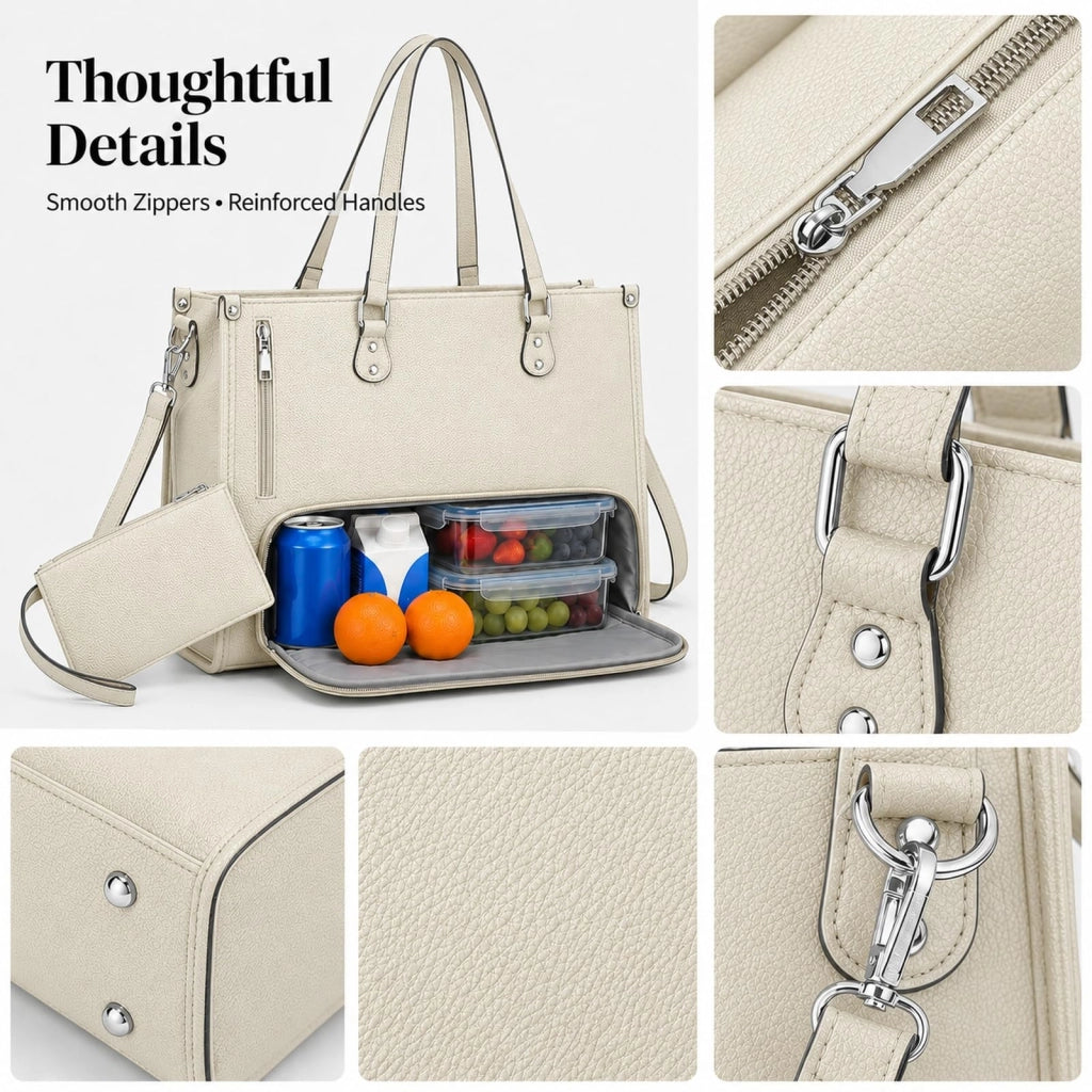 Borsa da pranzo con scomparto termico, tasca per laptop, impermeabile, bianca