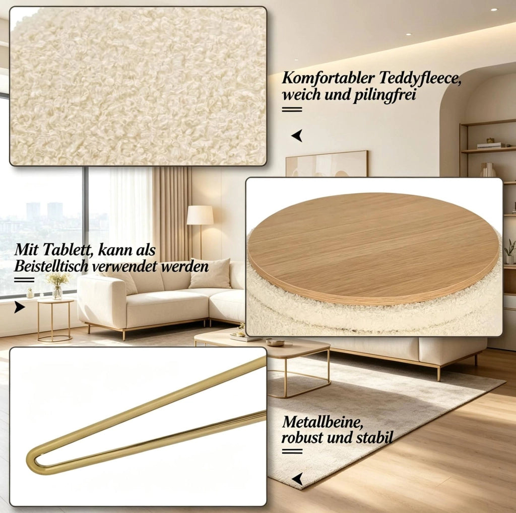 Pouf contenitore rotondo beige con vassoio, 39 x 44 cm