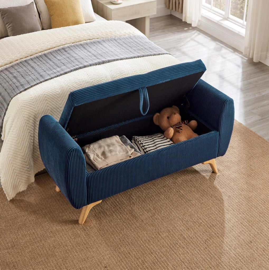 Panca contenitore pieghevole in velluto a coste blu con gambe in legno