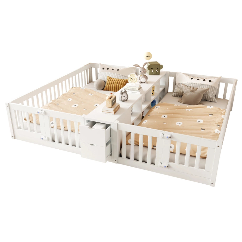 Letto a castello in legno 90x200 cm con cassetti e scaffali doppi, struttura robusta con sponde di sicurezza bianche per bambini