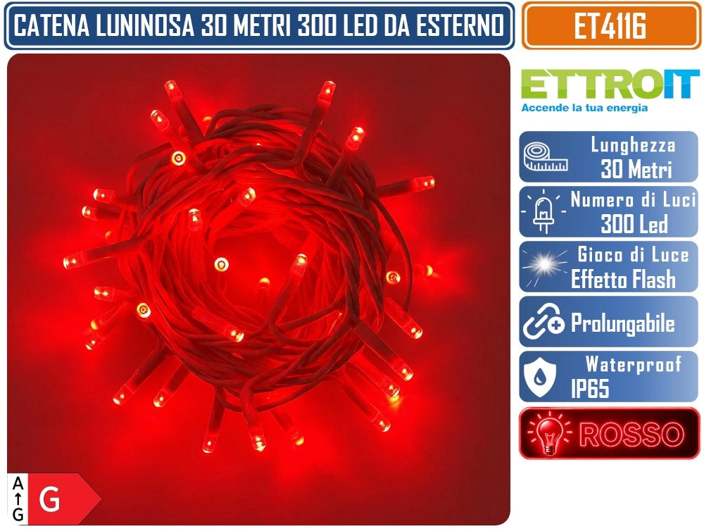 CATENA LUMINOSA NATALIZIA ETTROIT ET4116 300 LED 30 METRI LUCE ROSSA 1.000°K CON EFFETTO FLASH BIANCO CAVO BIANCO PROLUNGABILE IP65 PER INTERNO ED ESTERNO