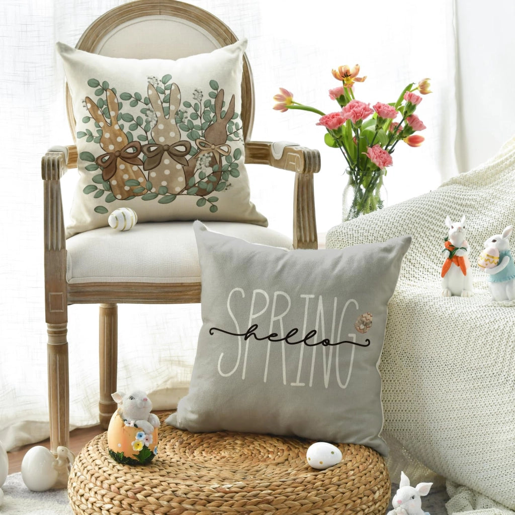 Set di 4 federe per cuscini, 40x40 cm, con motivo conigli, uova ed eucalipto