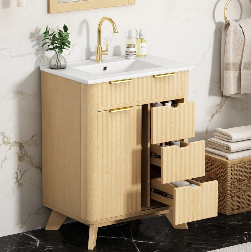 Mobile bagno 61 cm con lavabo in ceramica, 3 cassetti e anta scorrevole in MDF finitura legno naturale con motivo a onde