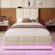 Letto singolo imbottito IVMEU 90x200 cm con contenitore, testiera regolabile, LED e porte USB, velluto beige