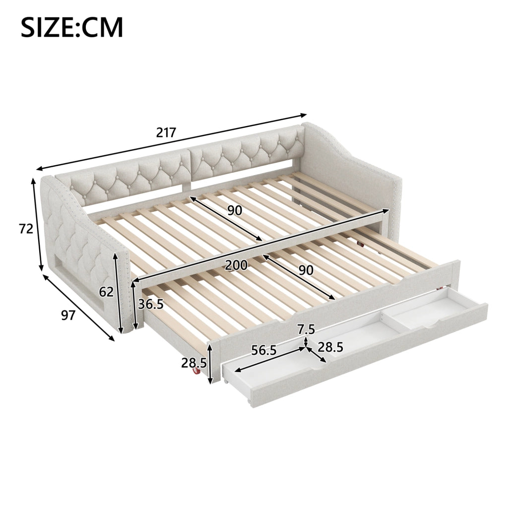 Letto singolo 90x200 cm con letto estraibile; 3 cassetti e luci LED; beige