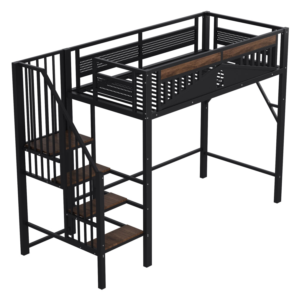 Letto a castello in metallo 90x200 cm con ringhiera di sicurezza e scaletta, nero