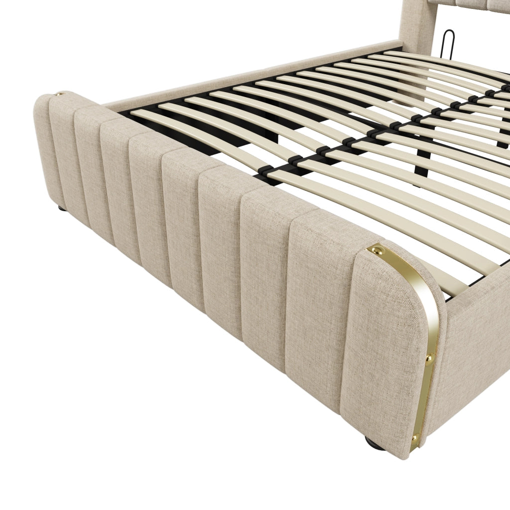 Letto matrimoniale imbottito 140x200 beige con contenitore