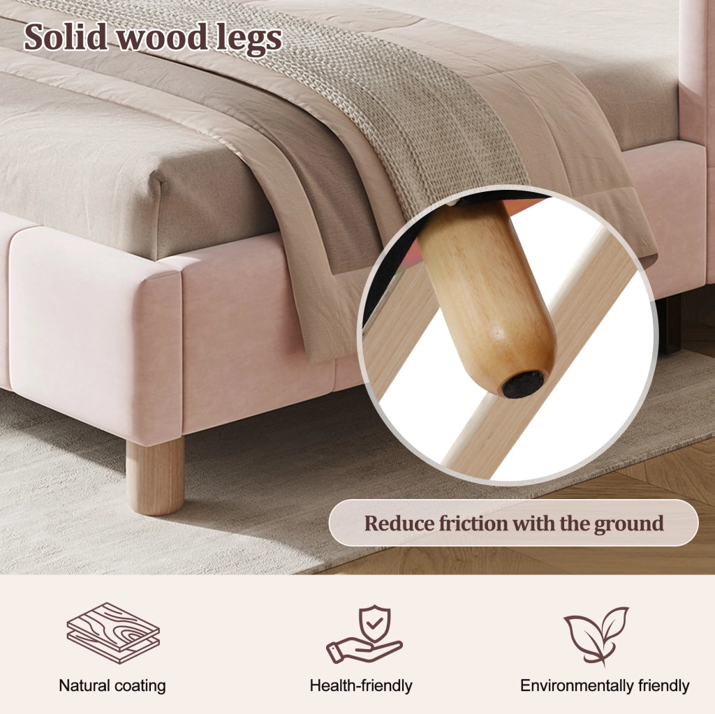 Letto in velluto rosa con testiera inclinata e gambe in legno di gomma