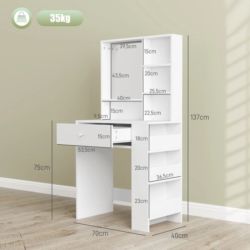 Toeletta 70x40x137 cm con specchio e cassetto in legno bianco