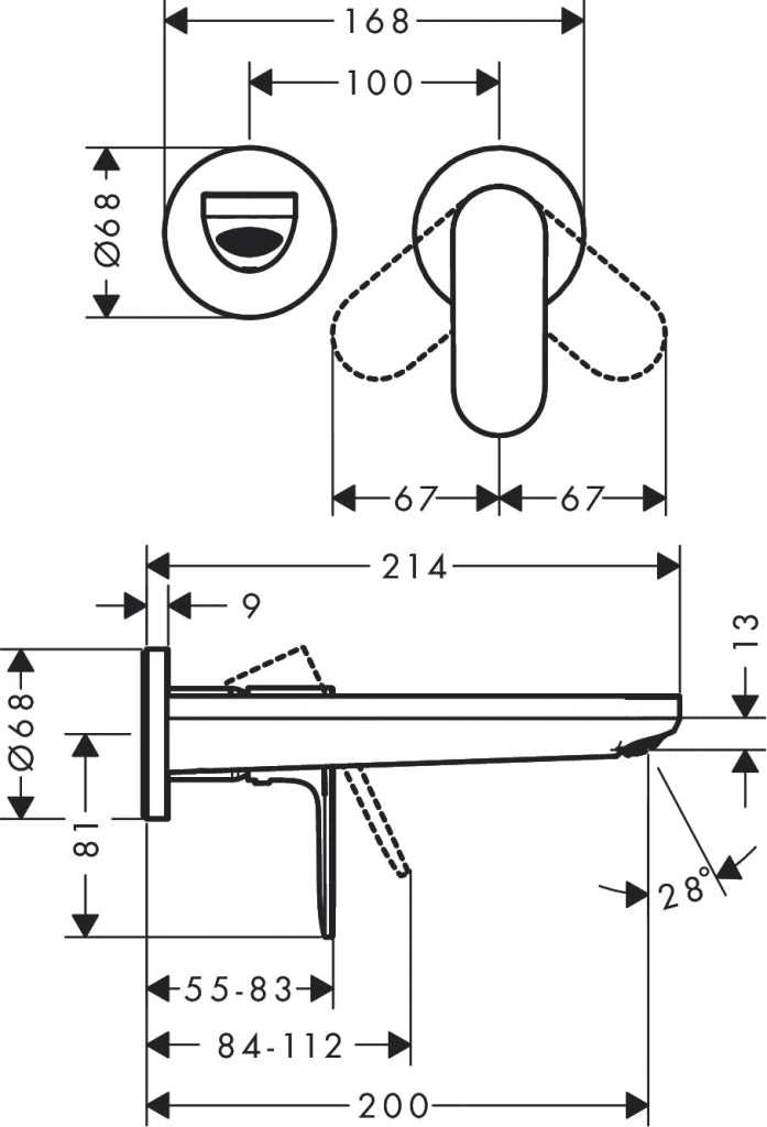 Miscelatore per lavabo da incasso, modello Rebris S, con bocchetta di scarico di 20 cm, finitura nero opaco