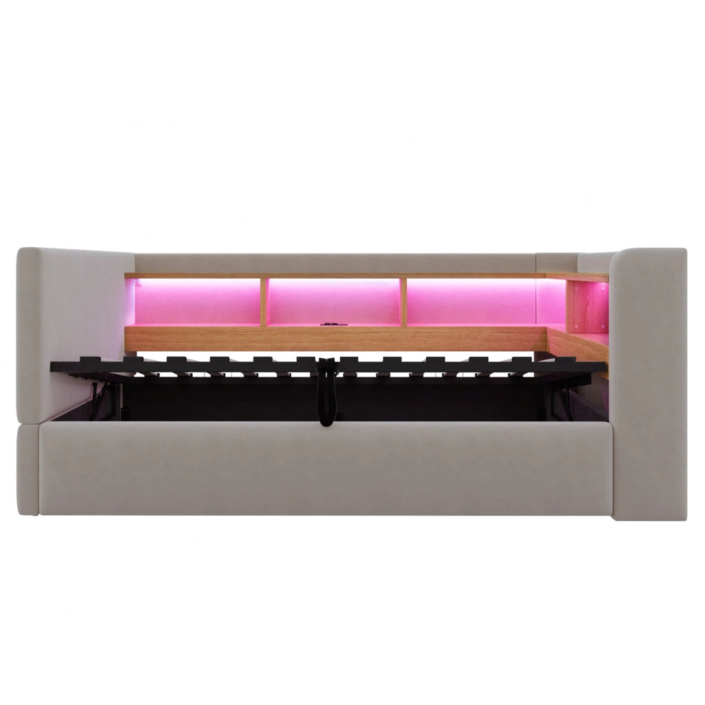 Divano Letto Singolo 90x190 cm con Contenitore Idraulico, LED e Prese, Tessuto Scuro
