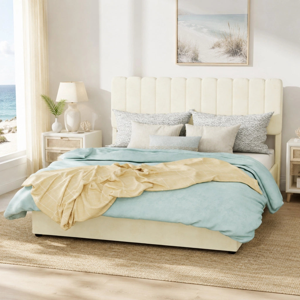 Letto matrimoniale a piattaforma 140 × 200 cm in tessuto beige con metallo design moderno e raffinato