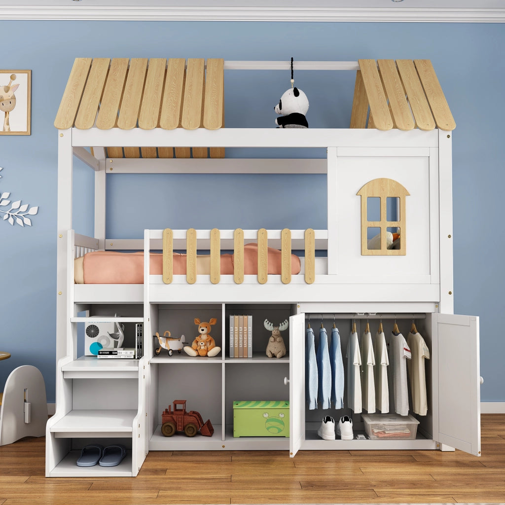 Letto a soppalco per bambini 90 × 200 cm con armadio e ripiani in legno bianco e naturale con finestra