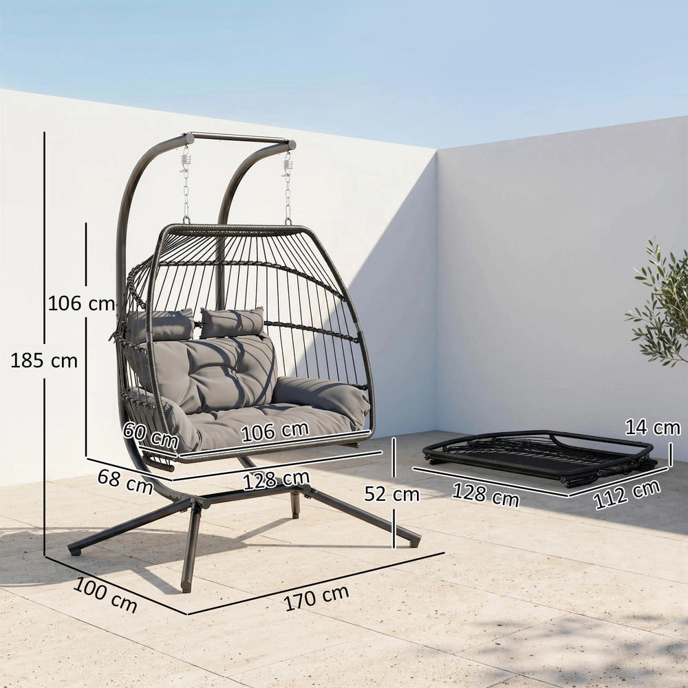 Poltrona Sospesa Pieghevole 2 Posti in Polyrattan e Acciaio con Cuscino, Grigio Scuro, Portata 260 kg, per Casa e Giardino