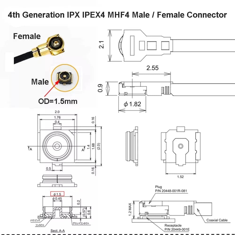Confezione da 20 antenne patch IPEX MHF4 con connettore da 1,5 mm