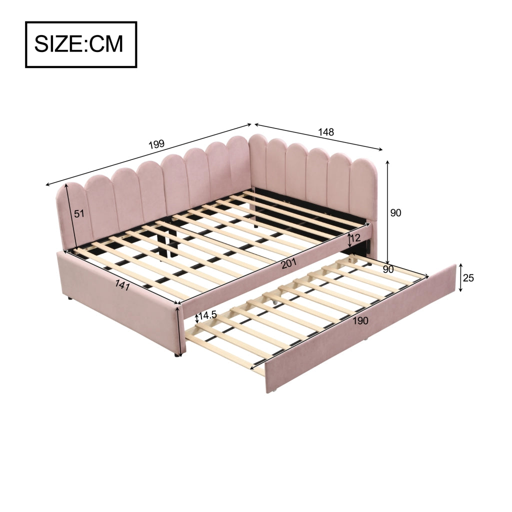 Letto estraibile imbottito a L 140 × 200 cm in velluto rosa con schienale a forma di petalo e rete a doghe