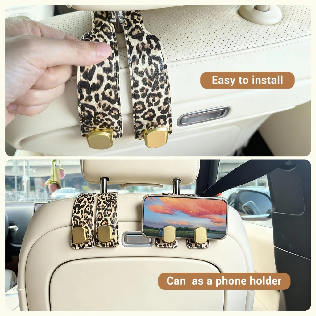 Set di 2 ganci per poggiatesta per auto, motivo leopardo, ecopelle, con doppio gancio