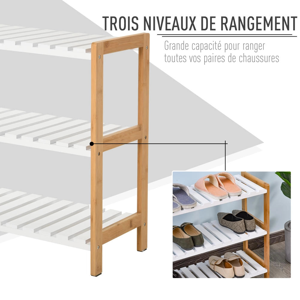 Scarpiera a 3 livelli in legno di pino, portascarpe salvaspazio a doghe per ingresso e soggiorno, 70 x 26 x 57,5 cm, bianco e legno naturale
