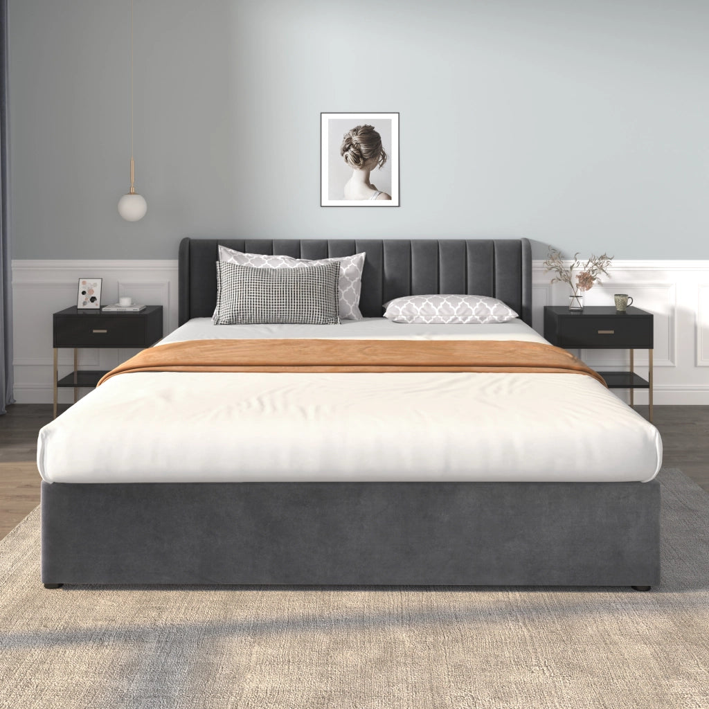 Letto matrimoniale imbottito 180x200 in velluto grigio con rete a doghe e 2 cassetti