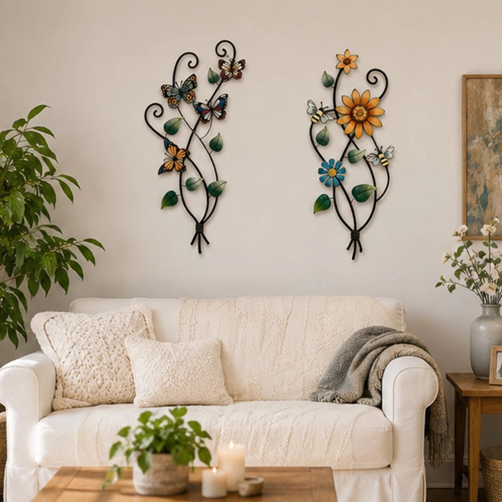 Set da 2 decorazioni da parete a forma di girasole in metallo, con farfalla