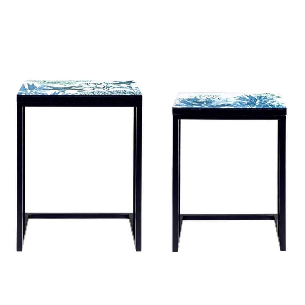 Set di 2 Tavolini da Salotto con Piano Decorato a Coralli Declan Nero