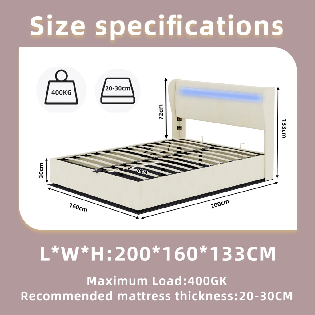 Letto imbottito moderno 160x200 cm con testiera LED integrata beige e base contenitore con meccanismo a gas