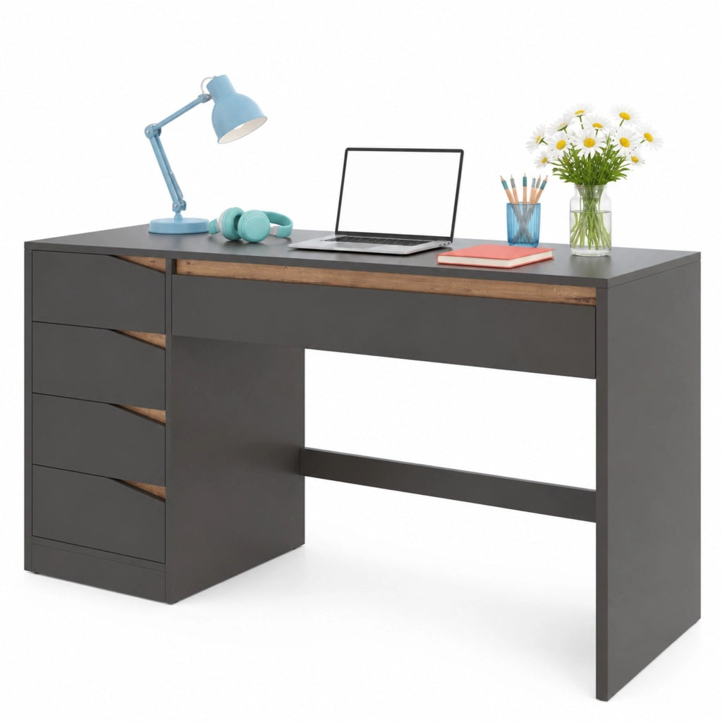 Scrivania grigia e rovere 140 x 50 cm in MDF con 5 cassetti