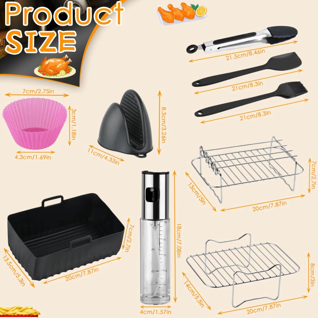 Set di accessori per friggitrici ad aria, composto da 16 pezzi, in silicone e acciaio inossidabile, colore nero