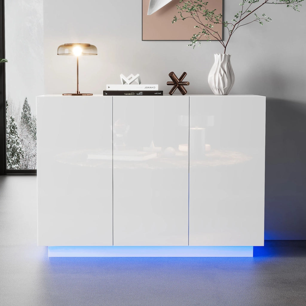 Credenza 120 × 40 × 75 cm con 3 ante e ripiani regolabili in pannello truciolare bianco lucido LED Bluetooth