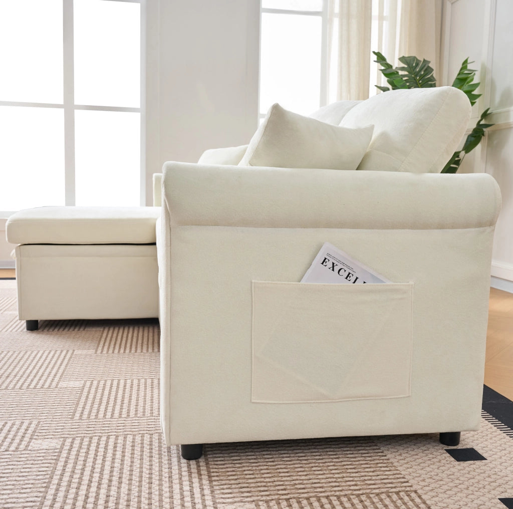 Divano angolare beige in ciniglia con letto e vano contenitore