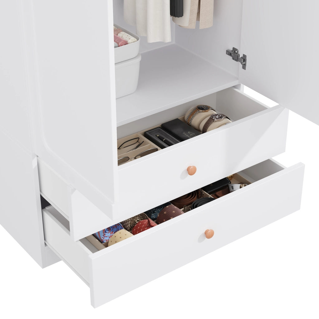 Armadio bianco a 6 ante con 4 cassetti e 4 aste appendiabiti