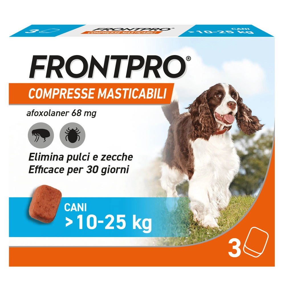 COMPRESSE ANTIPARASSITARIE MASTICABILI 'FRONTPRO' cani da 10 a 25 kg / 3 compresse da 68 mg
