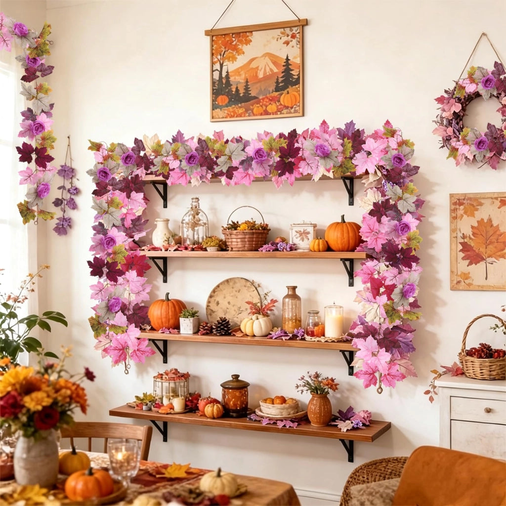 Set di 2 ghirlande autunnali, realizzate con foglie artificiali, lunghezza 100 cm, colore rosa