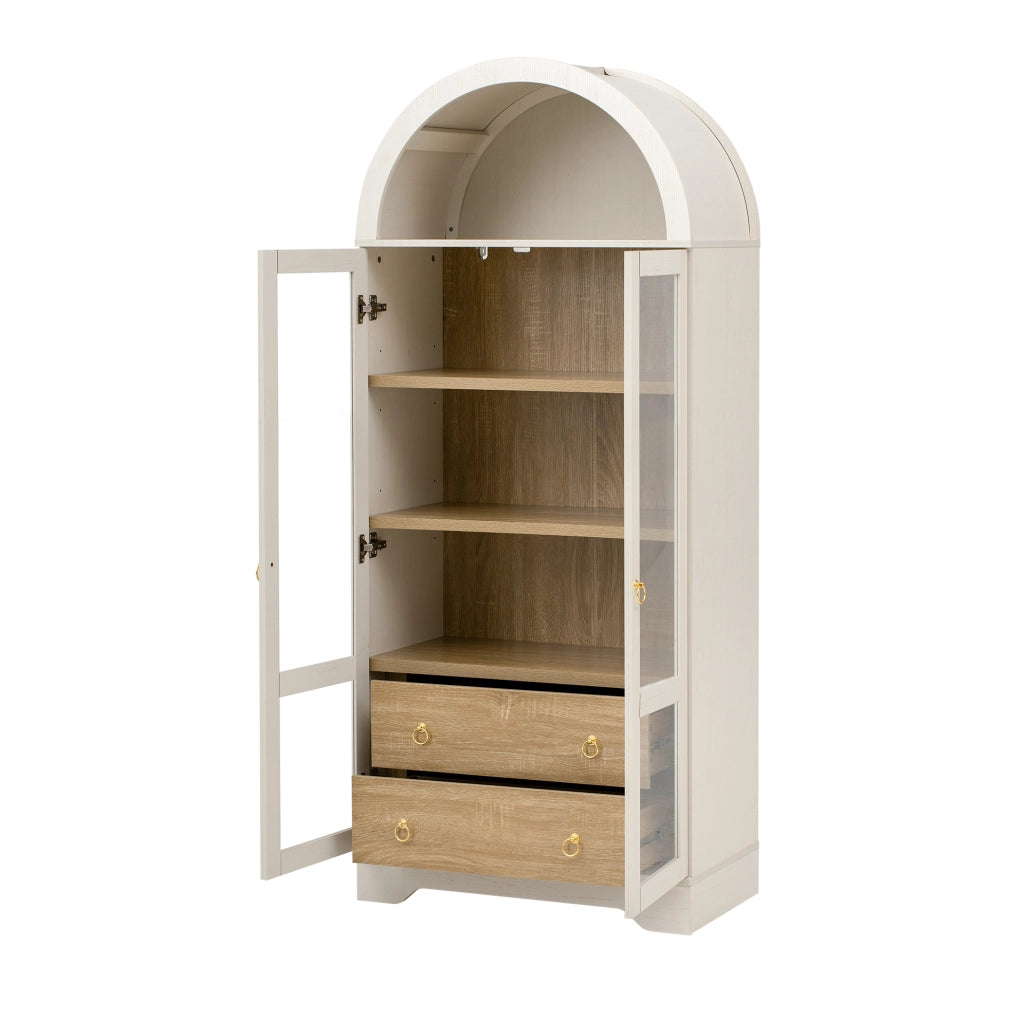 Credenza bianca con ante in vetro, ripiani regolabili e cassetti