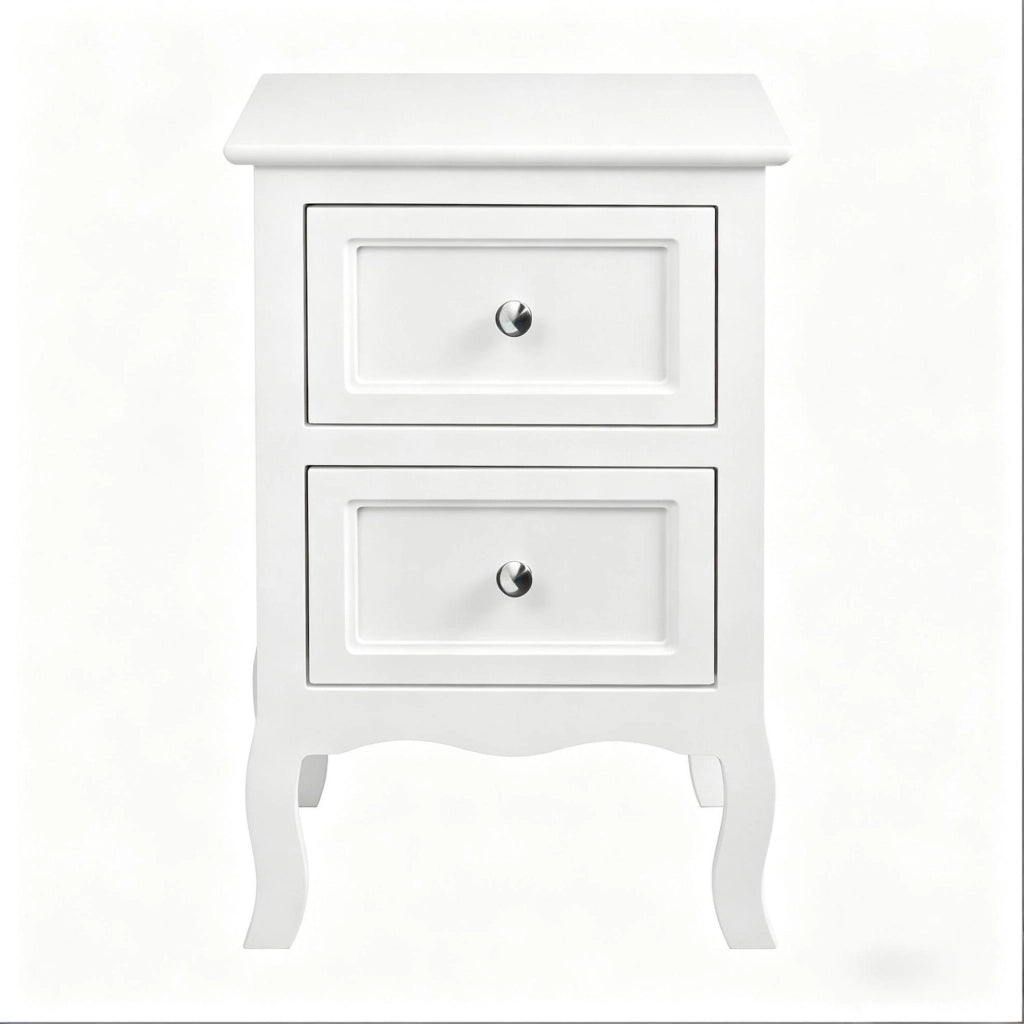 Comodino bianco in MDF con 2 cassetti e gambe curve