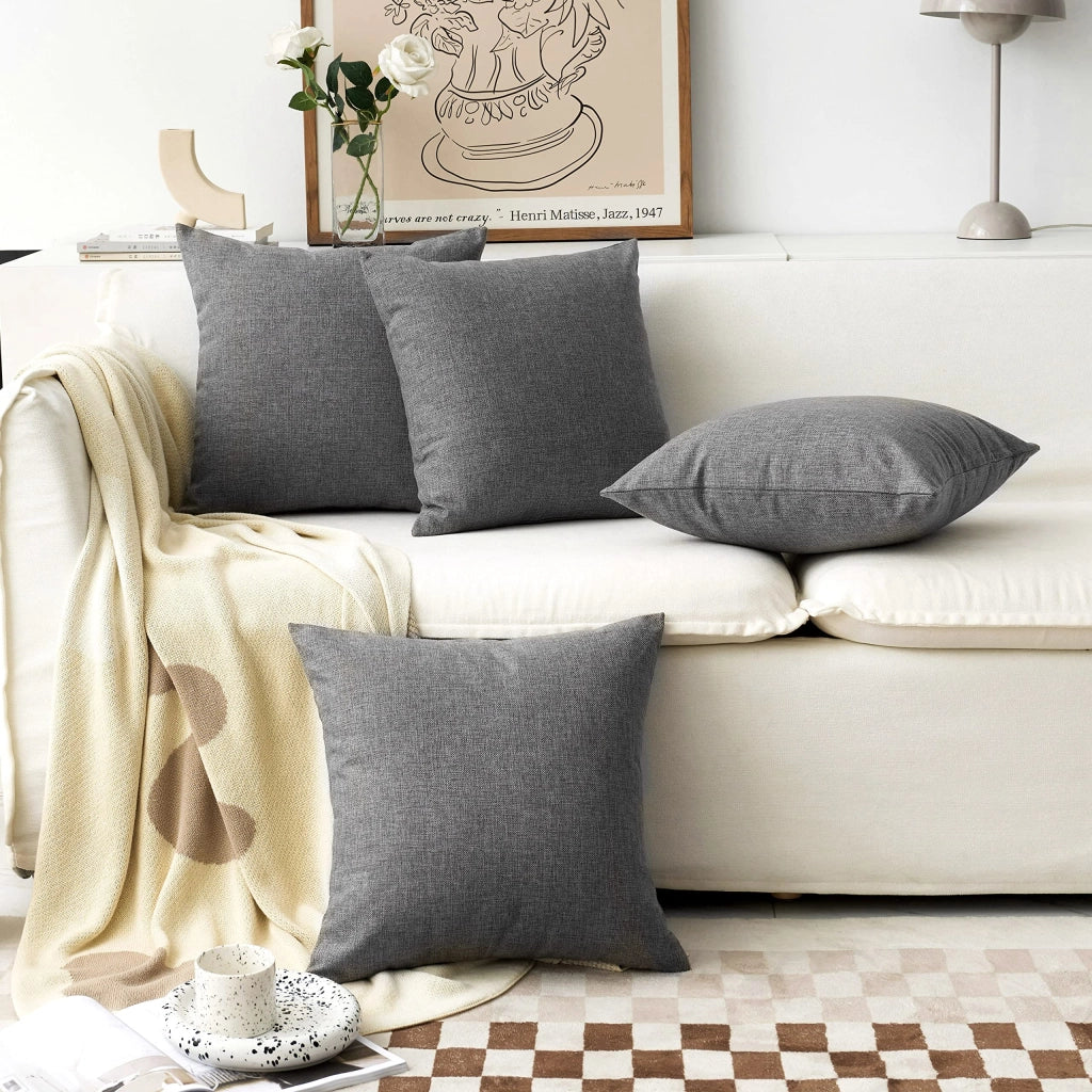 Cuscini decorativi, rivestimento effetto lino, 65x65 cm, set da 2, color grigio scuro