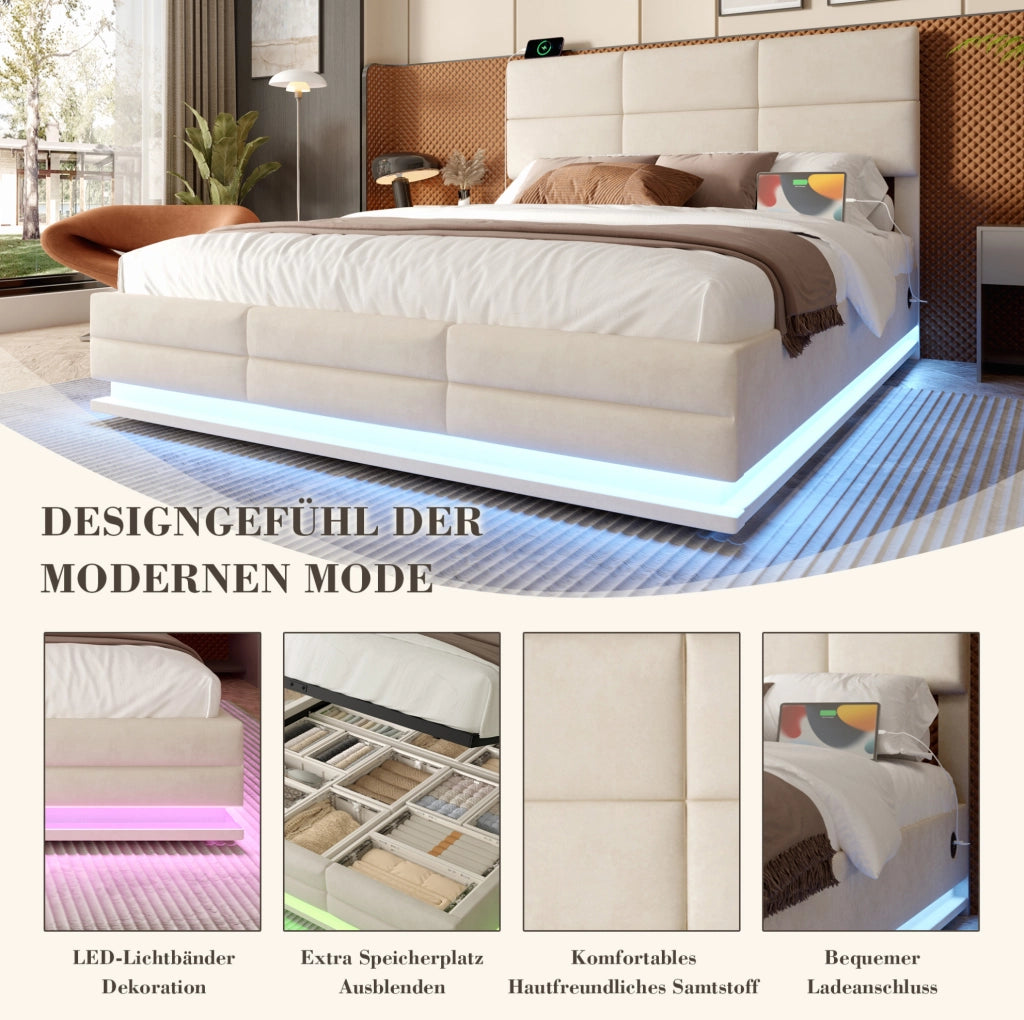 Letto contenitore beige 180 x 200 cm in velluto con testiera regolabile