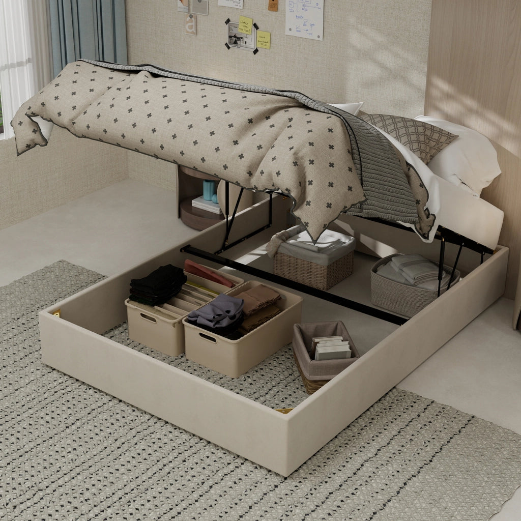 Letto 140 x 200 cm, Struttura Letto con Pistoni a Gas in Tessuto di Colore Beige
