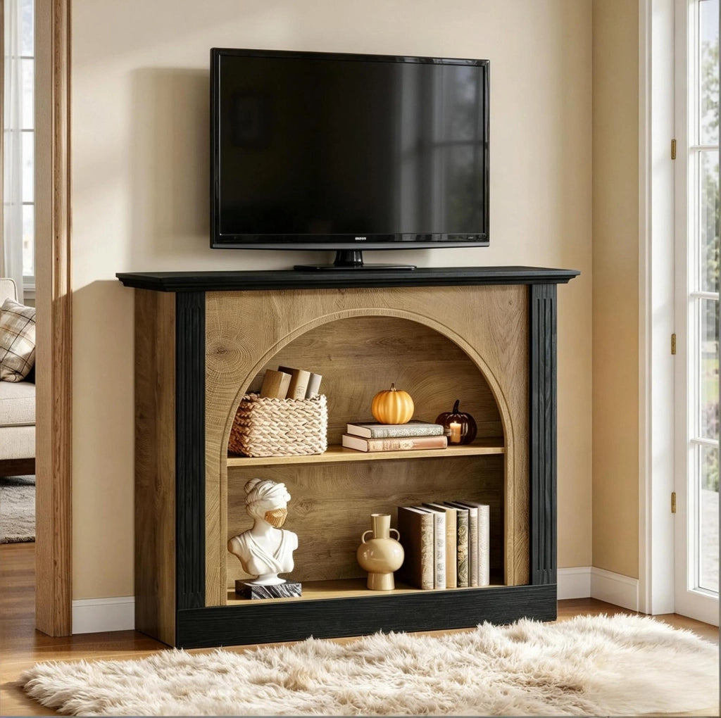 Mobile TV 110x30 cm in legno nero e rustico, stile Mid-Century