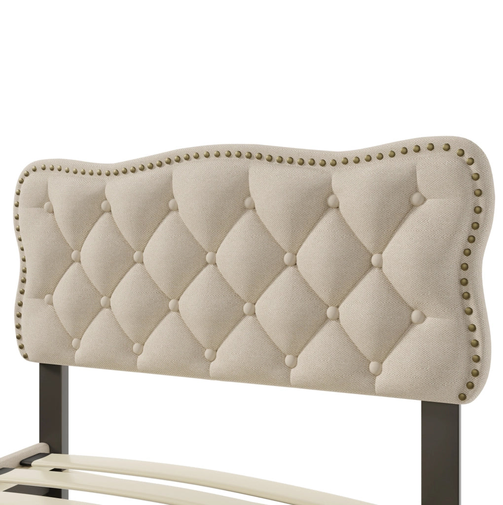 Letto imbottito 90 × 200 cm con 2 cassetti; MDF e lino; beige marrone