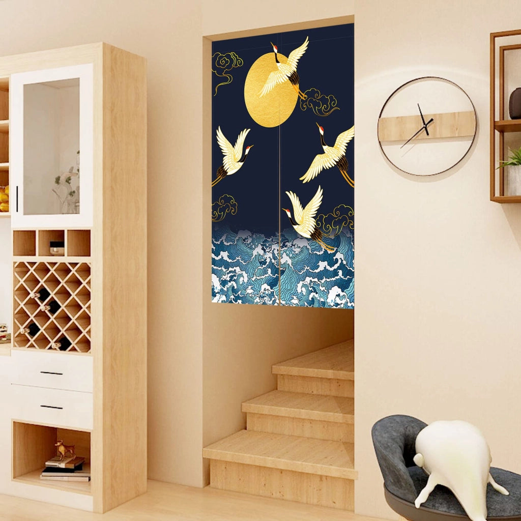 Tenda giapponese "Noren" con motivi di gru, onde e luna, dimensioni 85x120 cm