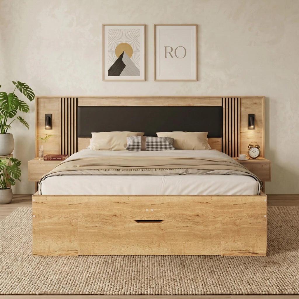 Letto matrimoniale 160x200 cm con due comodini integrati; contenitore; MDF; naturale