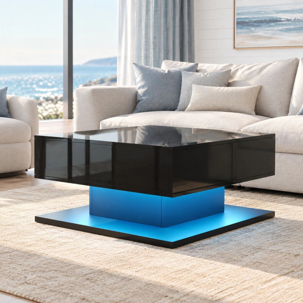 Tavolino da caffè 72x72x35 cm con piano sollevabile; LED app e 2 cassetti in MDF nero