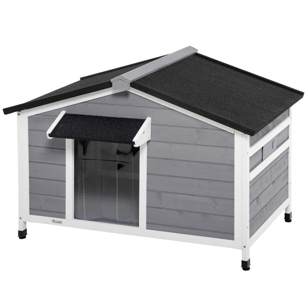Cuccia per cani in legno di abete stile cottage con tetto bitumato apribile e 2 finestre, per giardino esterno, 109 x 79 x 72 cm, grigio
