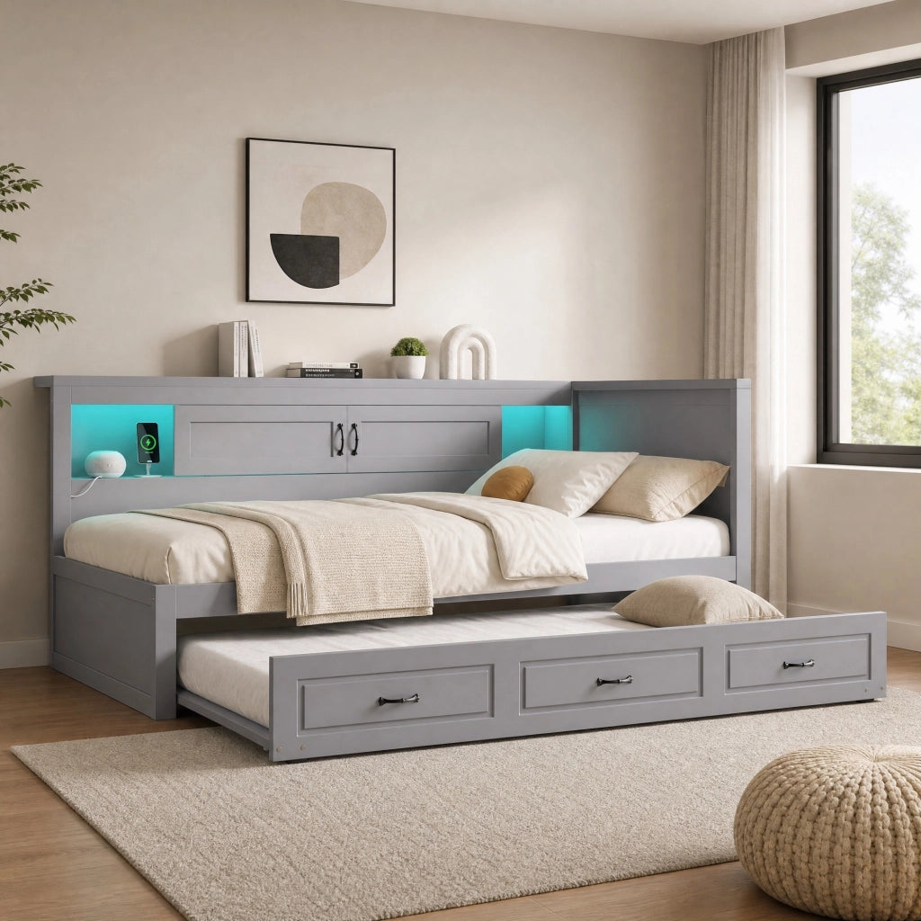 Divano letto 204,5x117,4x91,5 cm con letto estraibile, contenitore, LED e USB in truciolato grigio
