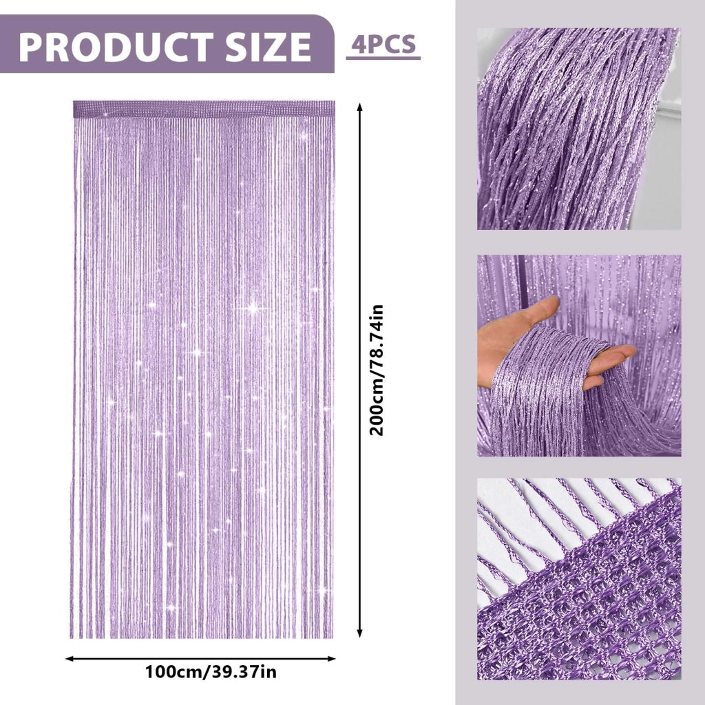 Set di 4 tende a filo, effetto glitter, 100x200 cm, color lilla chiaro