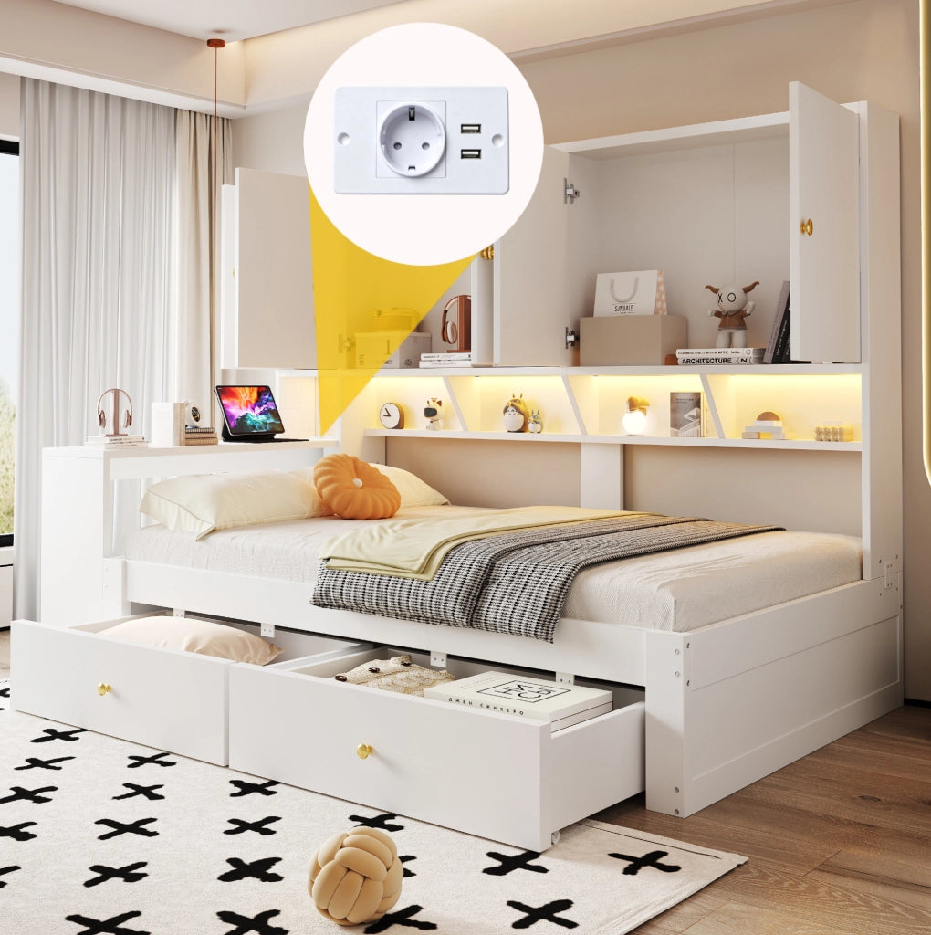 Letto singolo multifunzione 90x200 cm con scrivania e LED