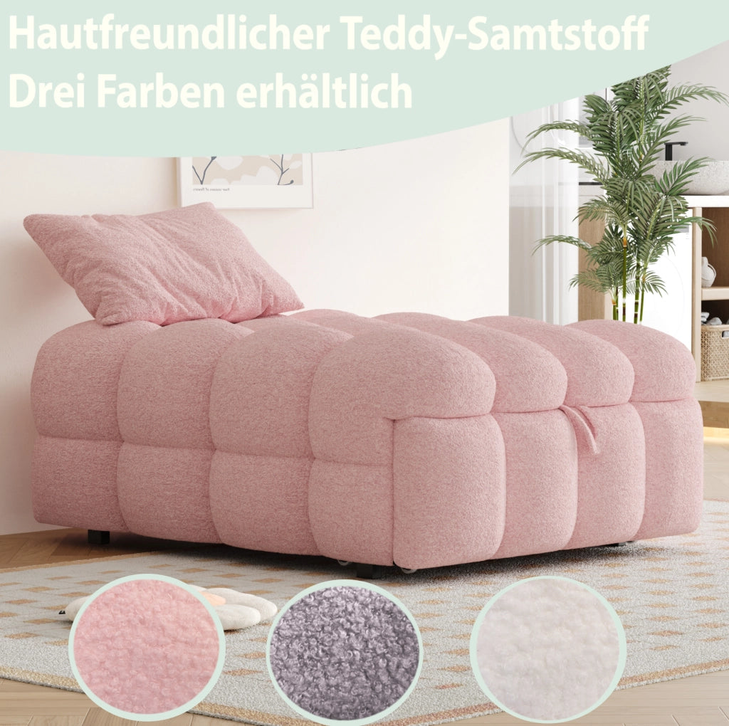 Letto singolo imbottito 2-in-1 con pouf estraibile, divano letto in bouclé rosa, 183x76x42 cm