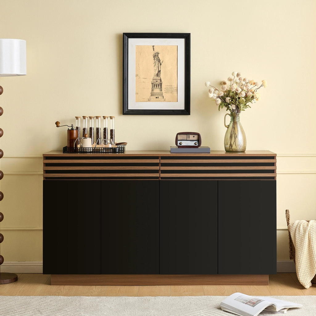 Credenza 150x40x85 cm in MDF marrone e nero con 2 cassetti e 4 ante