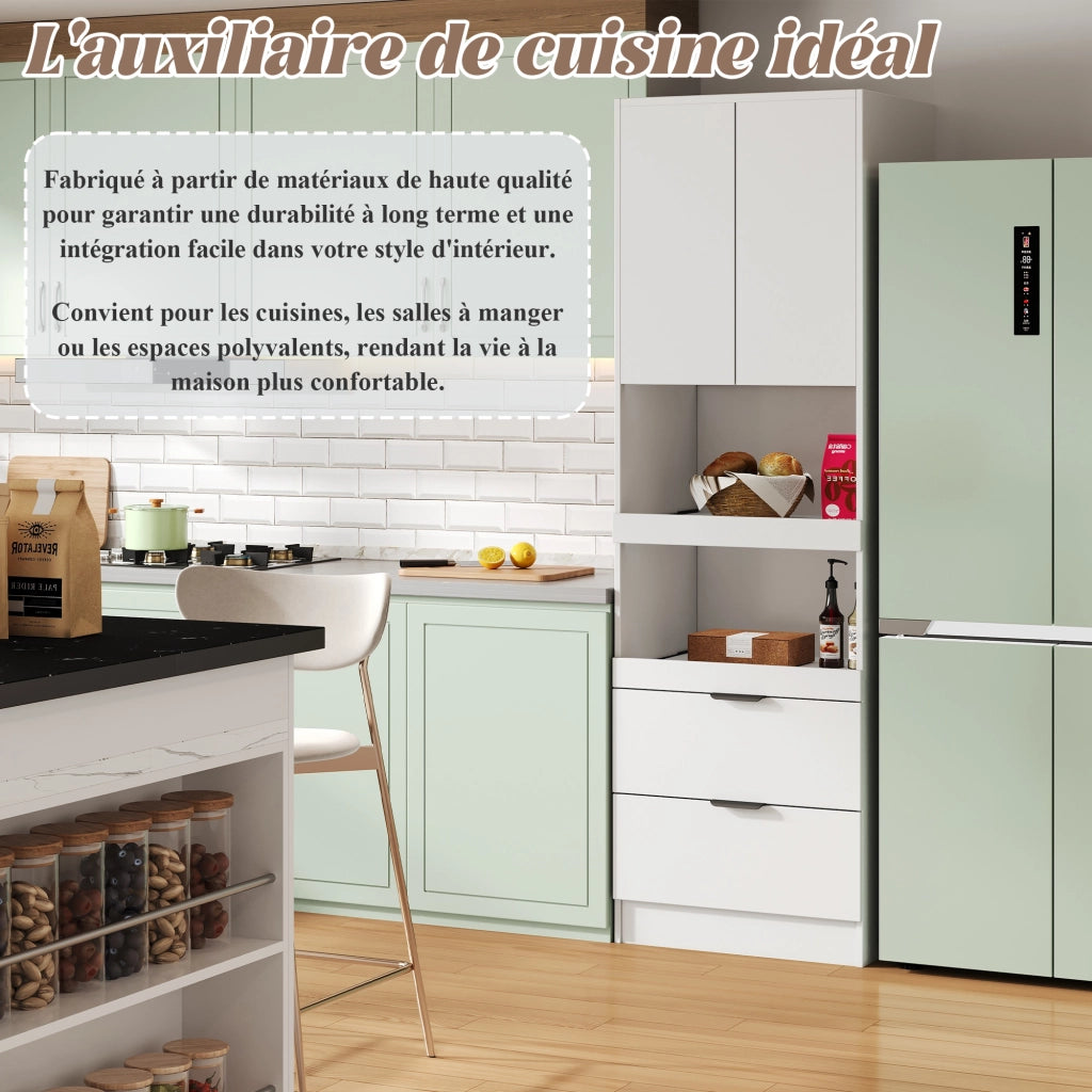 Mobile dispensa cucina 59;5x45x200 cm con 2 cassetti; ripiani aperti e fissaggio antiribaltamento; MDF bianco